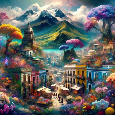 The primary subject of the image is a colorful, vibrant painting of a cityscape. The setting is a lush, colorful landscape with a mountain in the background. The visual style is a digital art or illustration, creating a whimsical and imaginative atmosphere. The colors and mood are predominantly bright and cheerful, with a sense of wonder and creativity.